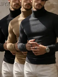 Men's 3-Pack High-Neck Knit Sweaters, Fitted Stretch Warm Innerwear, Long Sleeve Elegant Plain Design, All Seasons Casual Top