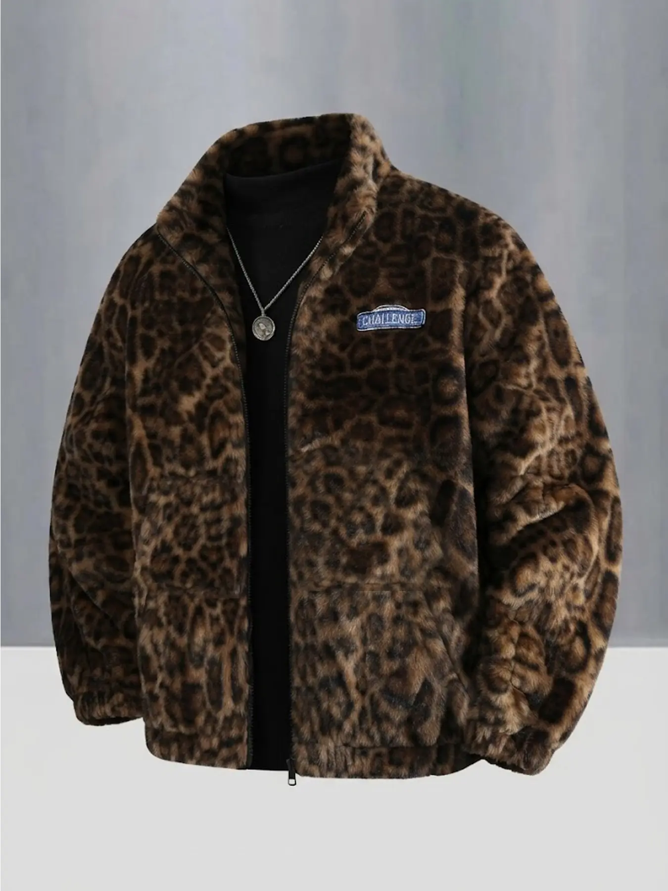 Men's Vintage Brown Leopard Zip-Up Jacket, One Wear Multiple Ways, Drop Shoulder Oversized Hip-Hop Loose Fit, Soft Plush Fleece Fabric, Warm Stand Collar With Patch Logo, American Streetwear Bomber Coat, Multi-Scene Suitable for Campus, Daily Commute, Nig