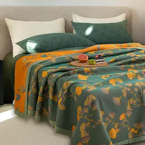 Reversible Ginkgo Quilt Lightweight Cotton Muslin Bedspread Soft Breathable Coverlet for All Season King Size Bedding Machine Washable Quilted Throw Blanket for Bed Couch