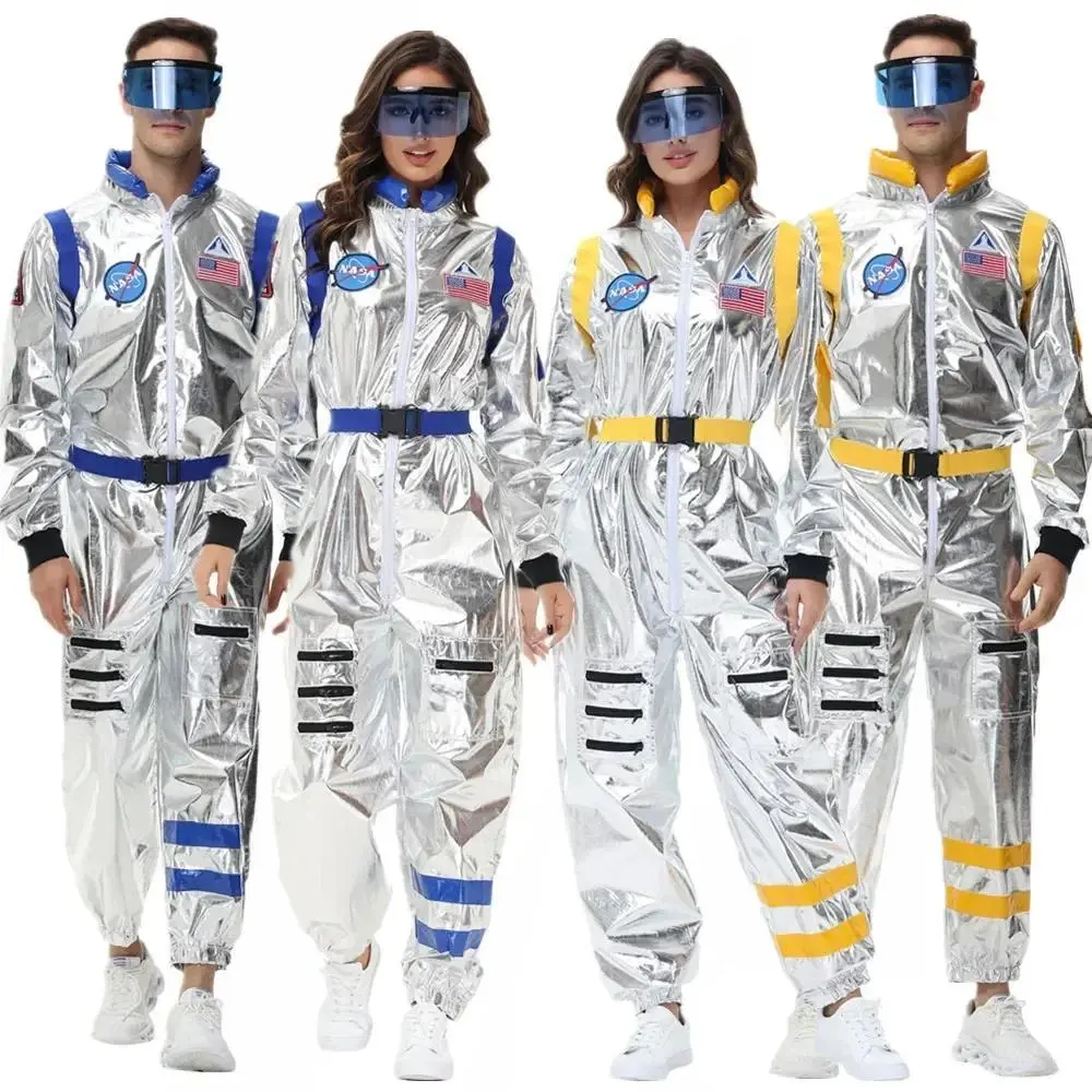 Adults Silver Astronaut Costume Space Suit Men Women Couple Jumpsuit Cosplay Halloween Carnival Party Dress Up