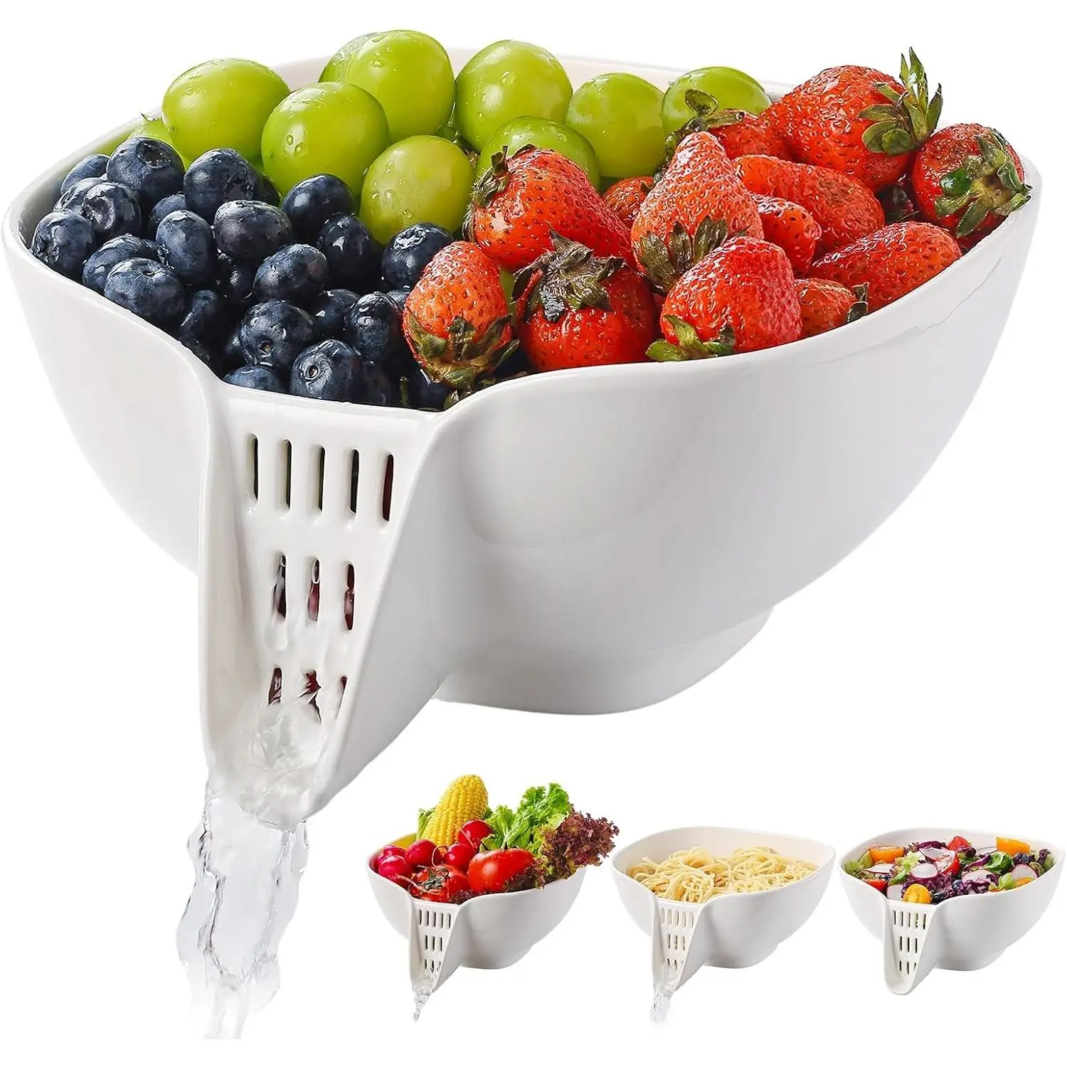 Ceramic Drain Basket 60 Oz - Porcelain Colander with Integrated Spout for Kitchen, Food Strainer for Vegetables, Fruit, Pasta, Heat-Resistant Dishwasher Safe