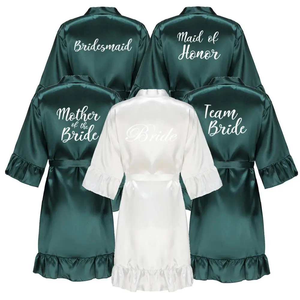 Women's Satiny Ruffled Hem Robe with White Letters - Bridesmaids, Mother of the Bride Loungewear Nightgown/Robe for Daily Use
