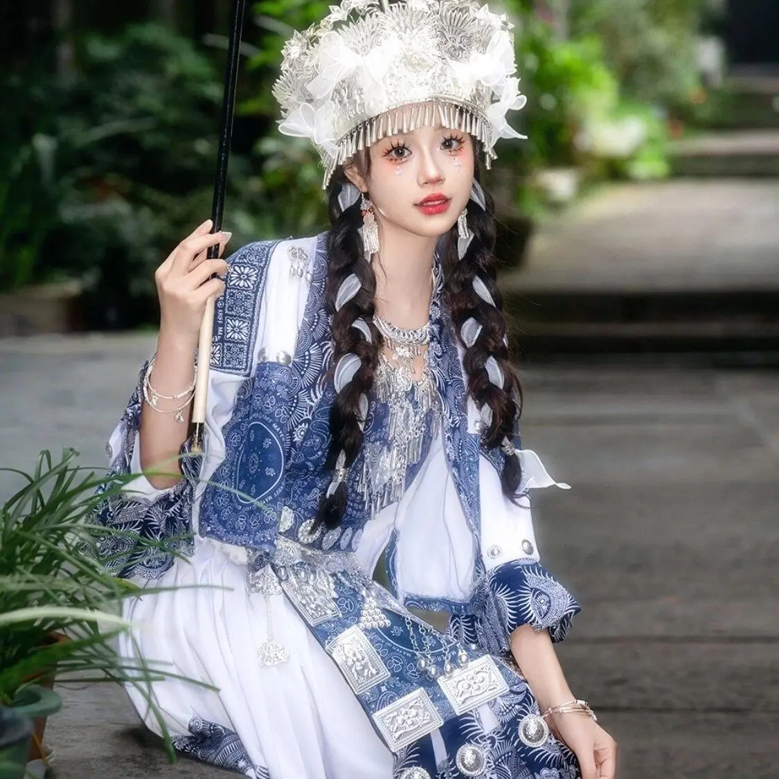 Hmong Miao White Batik Textile Styling Set - Jacket, Bustier & Skirt