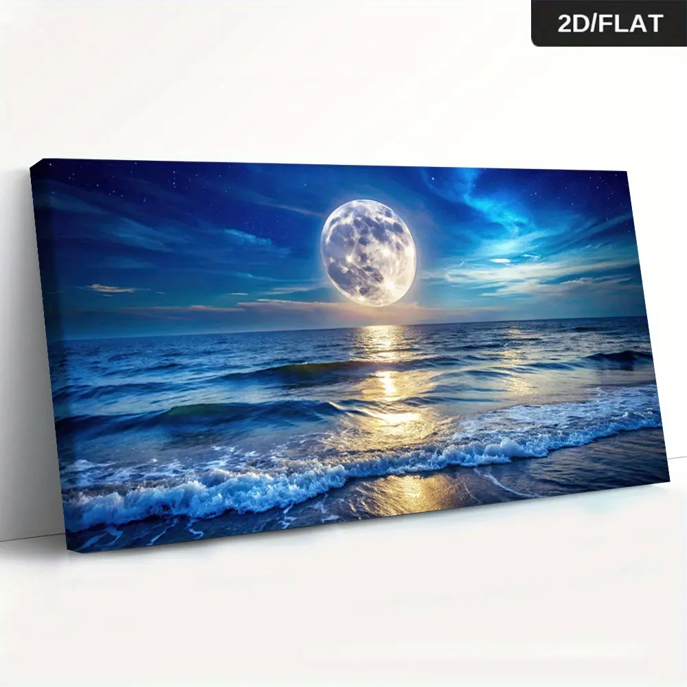 2D Artistic Framed Modern Abstract Canvas Print Wall Art - Celestial Style Wall Arts, Ocean Moon Theme, Pine Wood Frame, Gallery Wrap, Easy Install, No Assembly, Ready-to-Hang Decoration for Living Room, Bedroom, Home Inspo Home Decor