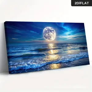 Framed Modern Abstract Canvas Print Decoration - Starry Night, Moon, Ocean Theme, Gallery-Wrapped, Ready-to-Hang for Living Room, Bedroom Wall Decor