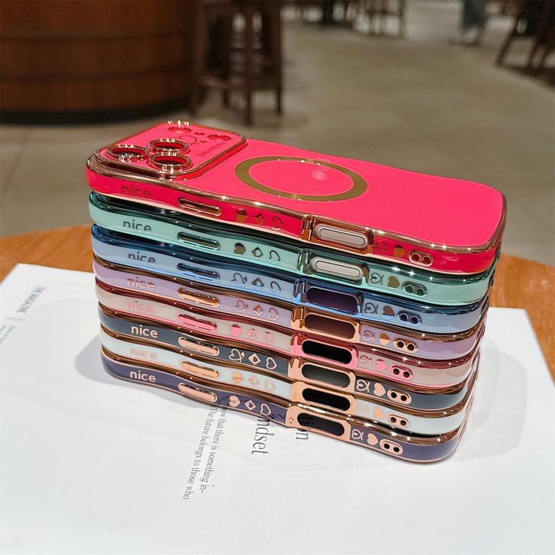 OREKROY Magnetic Case for iPhone 17 Pro Max 16/15/14/13/12 Pro Max,Work with Magsafe, Curly Wave Shape Plating Frame Cute Love Heart Cover, Full Camera Lens Protection Soft Durable TPU Shockproof Case