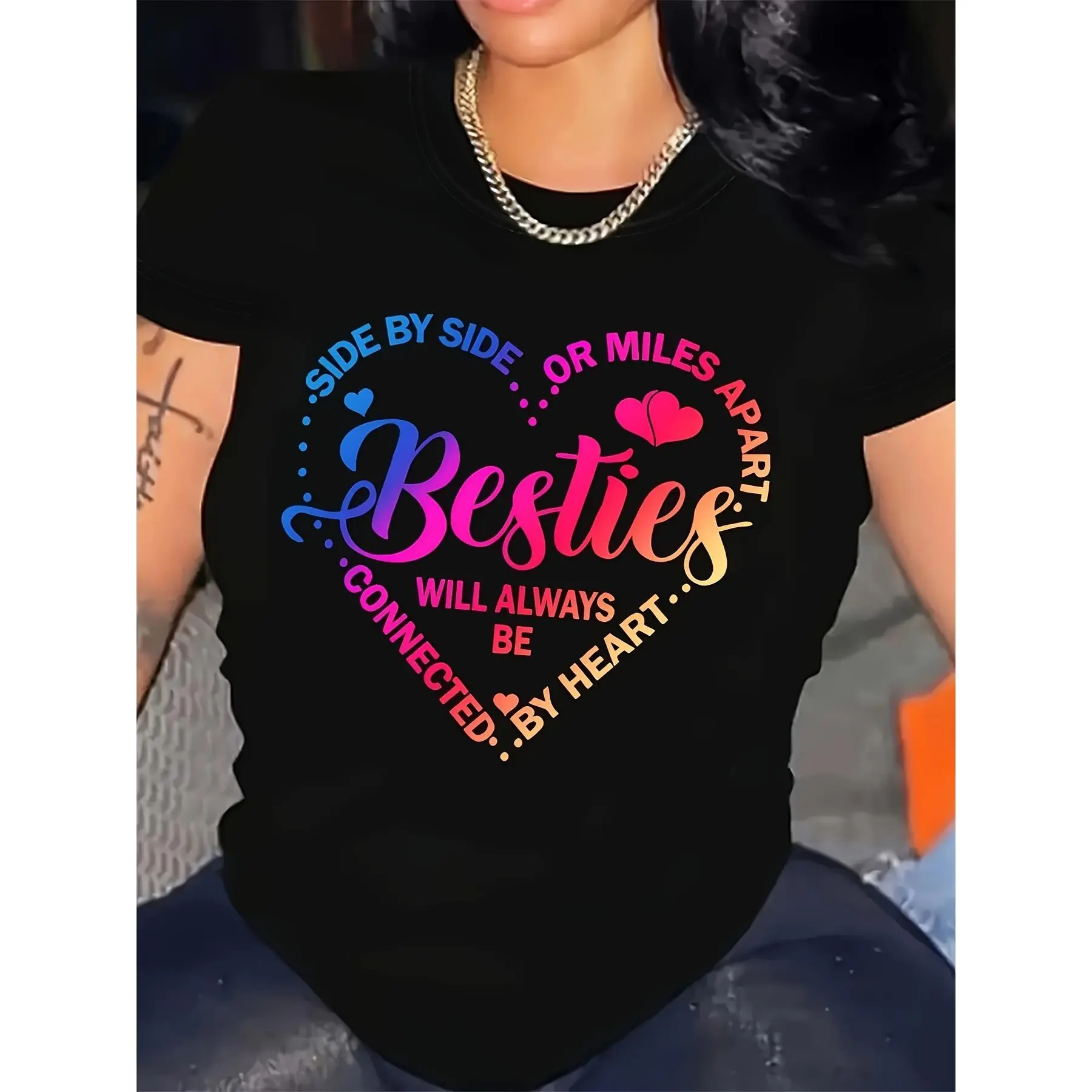 Women's Casual 'Sisters Best Friend' T-Shirt, Chic 100% Cotton Rainbow Alphabet Print Crew Neck Tee, Regular Fit, Graphic