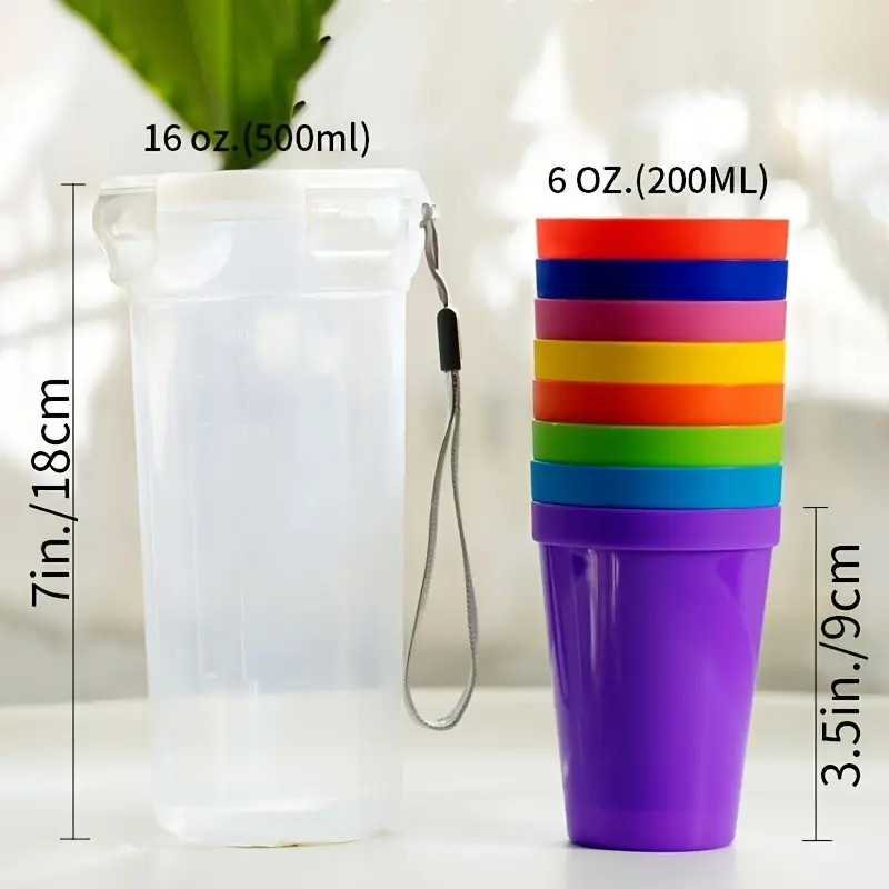 Rainbow Stackable Reusable Plastic Cups with Portable Storage Container, Leakproof Drinking Cups for Party, Camping, Picnic & Outdoor Gatherings, Family Drinkware Set