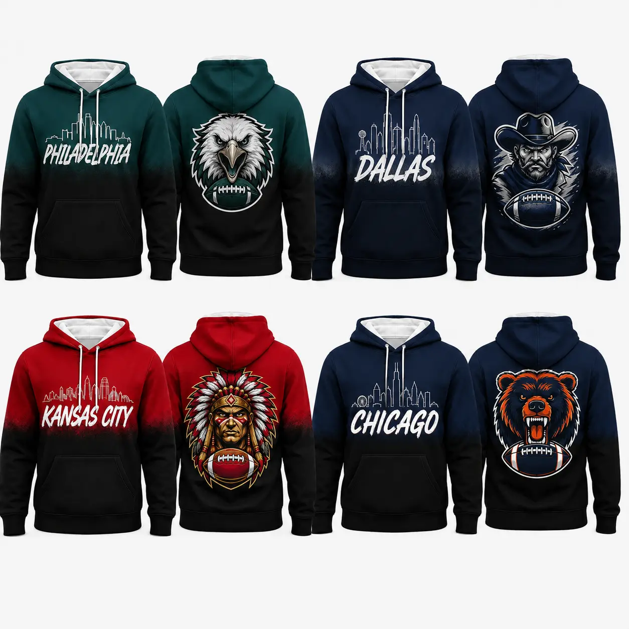 Unisex Gradient City Skyline Mascot Graphic Hoodie, Stylish Fade‑Color Football Fans Top with Kangaroo Pocket for Game Day and Casual Everyday Outfits