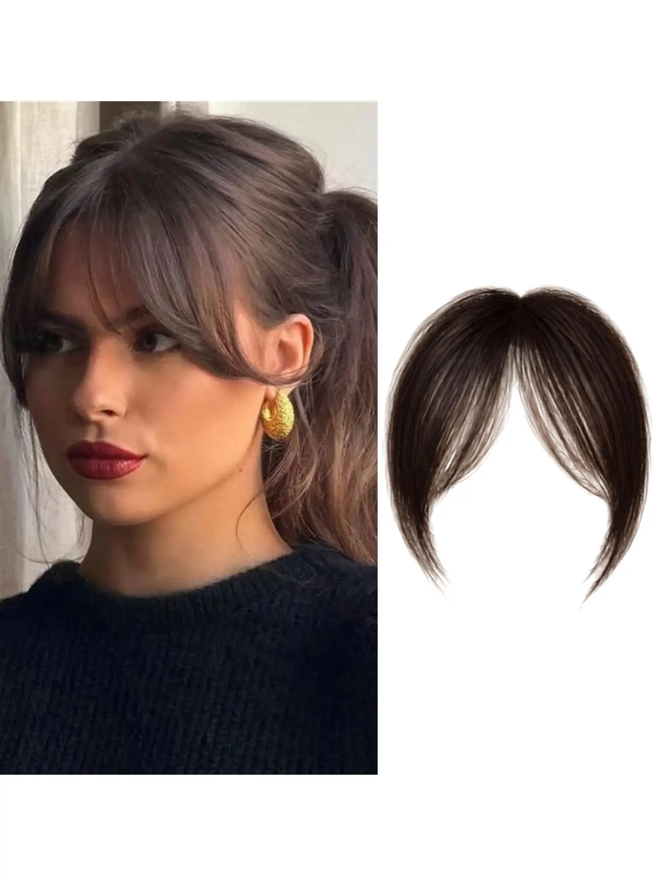Synthetic Wispy French Face Framing Bangs Hairpiece, Clip‑in Curtain Bangs, Invisible Fake Fringe with Temples for Women Daily Wear