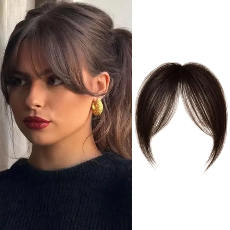 Synthetic Wispy French Face Framing Bangs Hairpiece, Clip‑in Curtain Bangs, Invisible Fake Fringe with Temples for Women Daily Wear