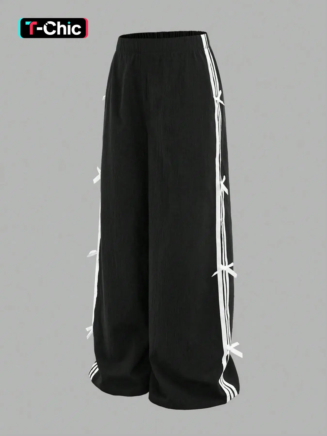 1 Piece Women Elastic High Waist Side Striped Bow Decor Wide Leg Sweatpants Casual Streetwear Loose Trousers Daily Bottoms No Necklace