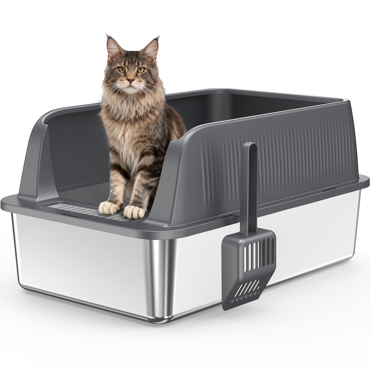 Aobtkel XXL Cat Litter Box Stainless Steel 20L with Lid, XL Large Metal ...
