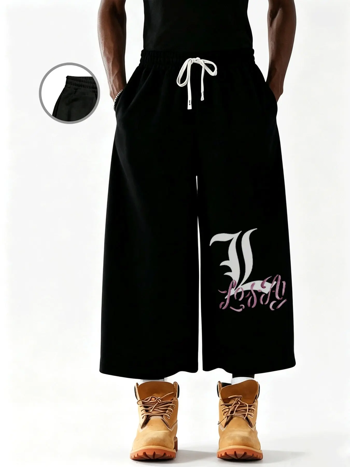 Men's Black Baggy Wide Leg Cropped Sweat Pants, Gothic "L" Letter Pink Cursive Logo Elastic Drawstring Mid-Calf Hip Hop Streetwear Capri Jogger Pants with Pockets for Men