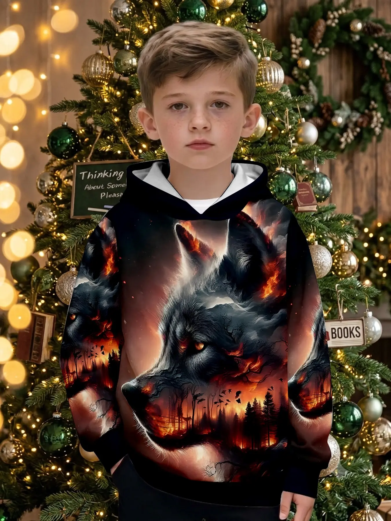 Boys' Hooded Sweatshirt with Wolf Print, Casual Fitted Long Sleeve Top, Perfect for Outdoor Activities, Ideal Christmas Gift