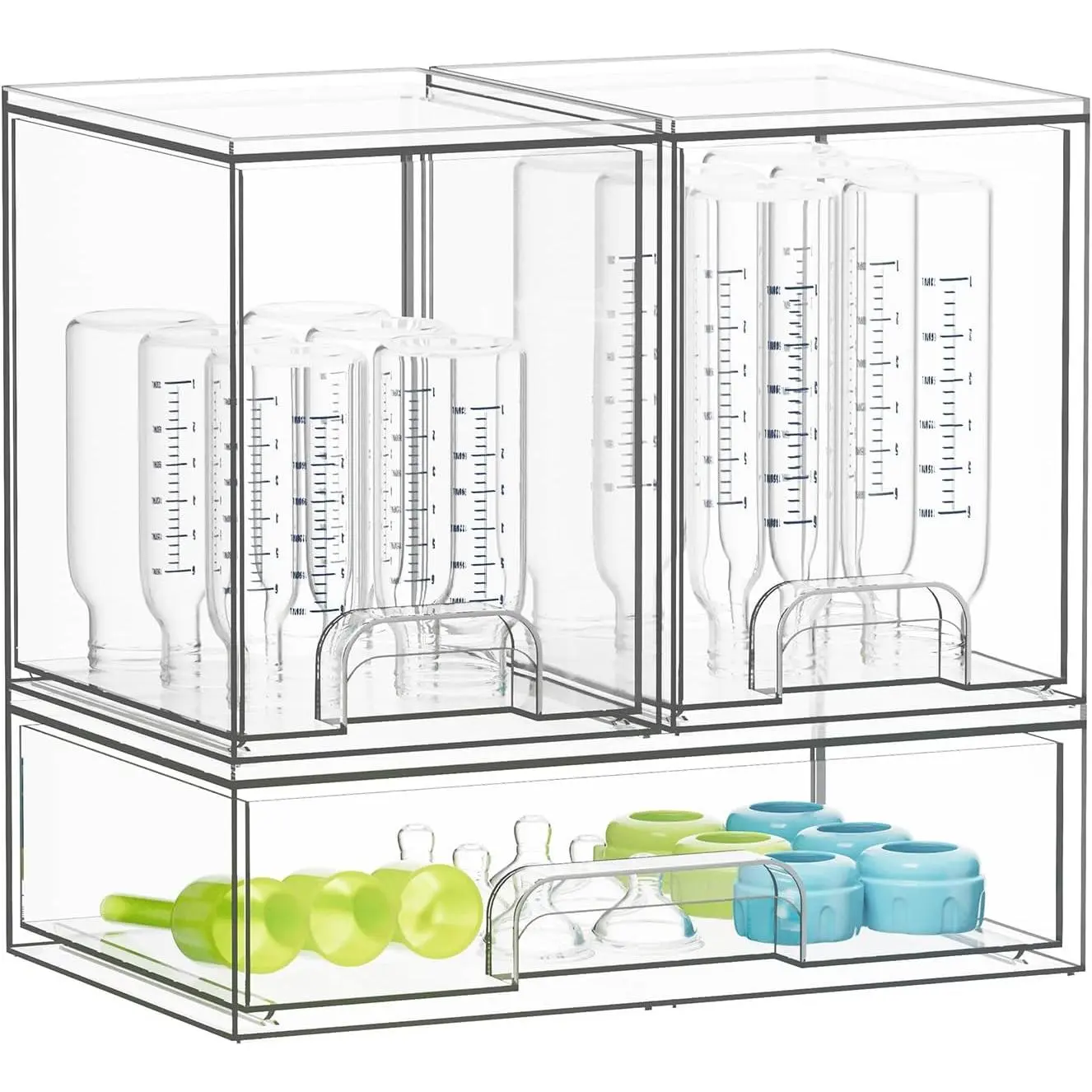 Bottle Storage Organizer Baby - Acrylic Bottles Station Organizer Container, Stackable Clear Drawers for Countertop, Vanity, Bathroom, Cabinet, Pantry Organization, 3 Pack, 2M1L, 10.9" H