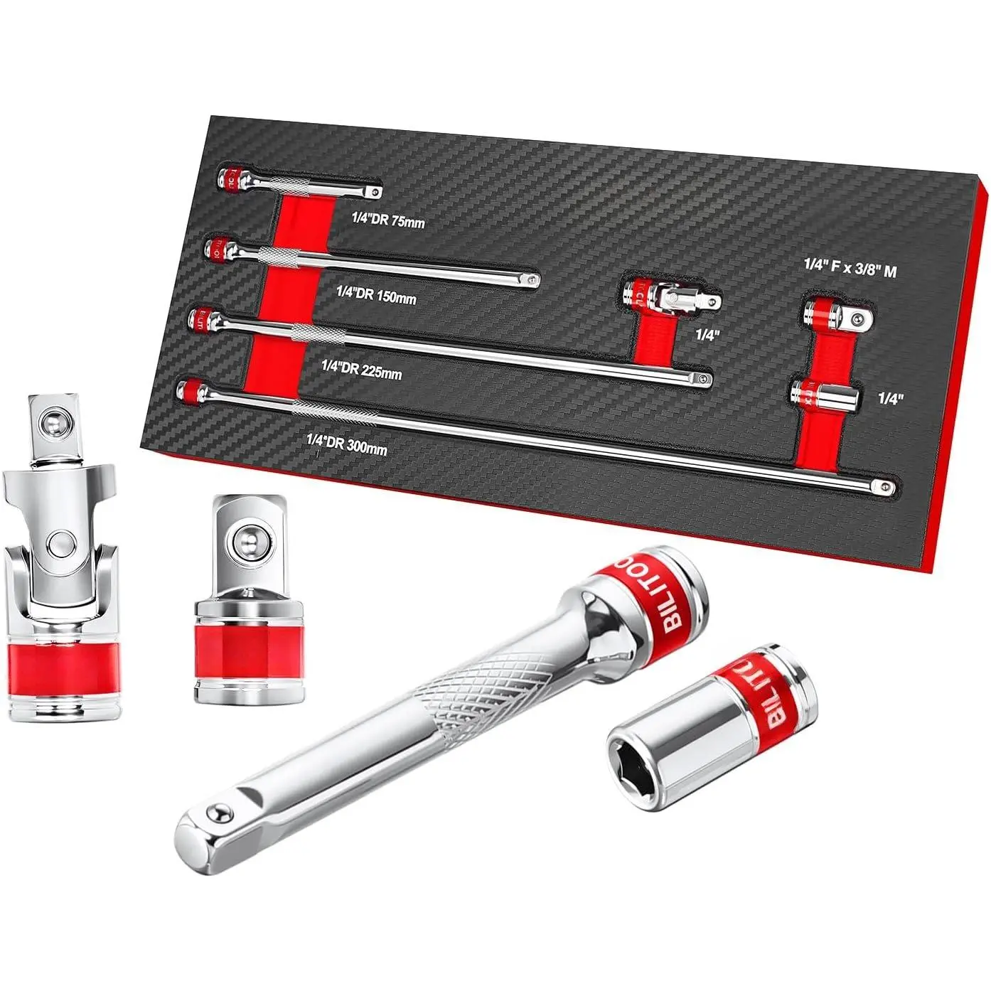 7 count Socket Extension Set, 1/4 Drive, Adapter & U-Joint, 3-12in | Cr-V Steel, Mirror Finish, Rust-Resistant. Anti-Slip Grip for High Torque. U-Joint Reaches Tight Angles. EVA  Tray
