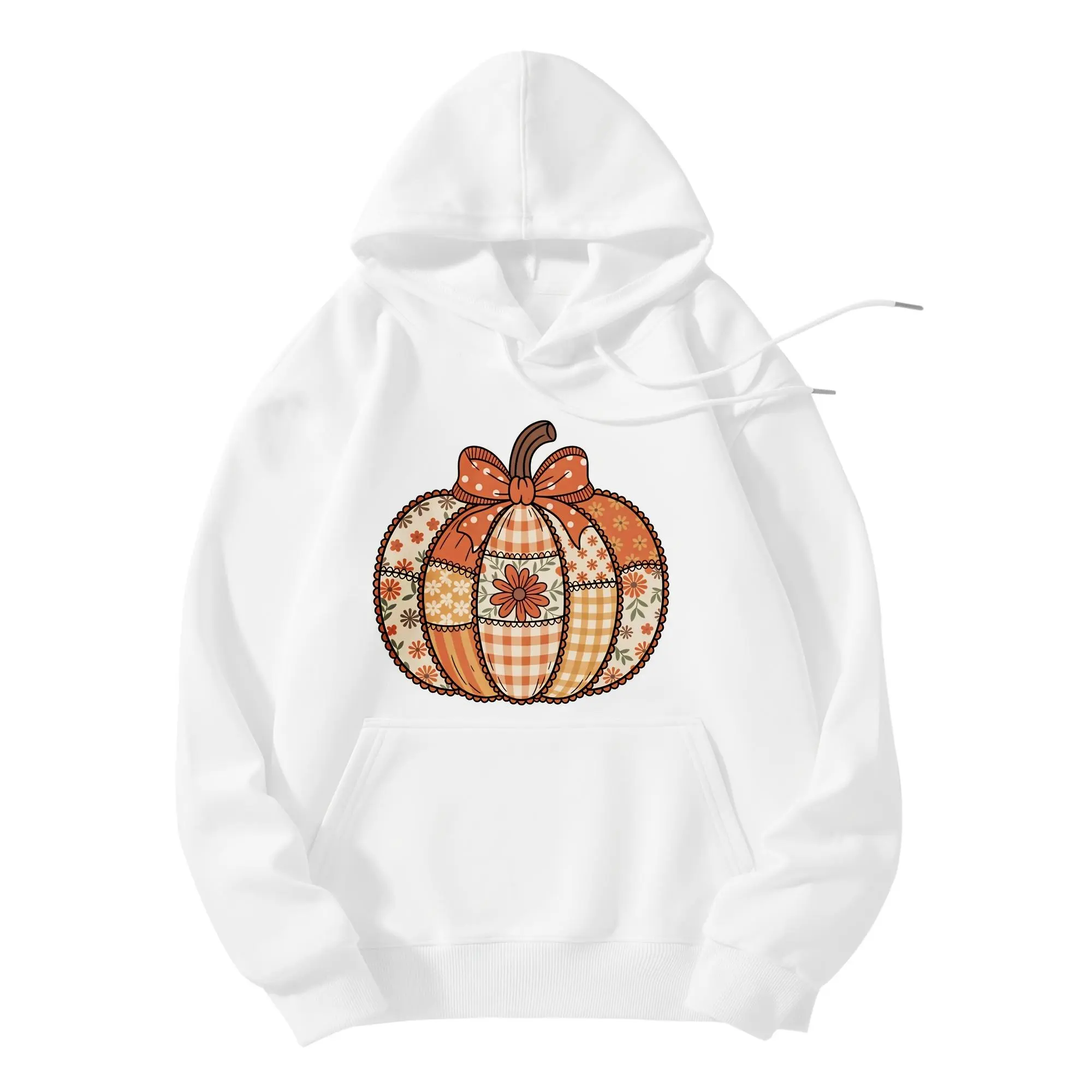 Patchwork Pumpkin Bow Flower Print Soft And Skin-Friendly Breathable Hooded Sweatshirt Women Halloween Casual Daily Wear Hoodie