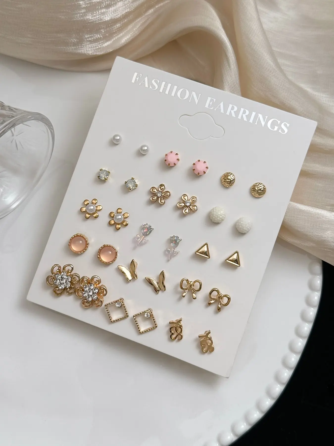 15 Pairs Earrings Set, Round Small Flowers, Triangle Cute Bowknot, Elegant Fashion, Multiple Styles, Simple Tiny Women's Studs