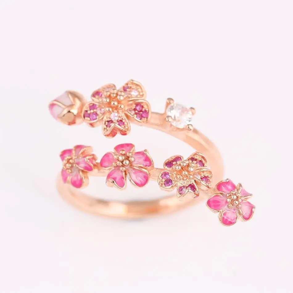 S925 Silver Iron Rose Enamel Peach Blossom With Crystal Ring, Female Fine Jewelry for Wedding Party Gift (DIY Specialty Supplies)