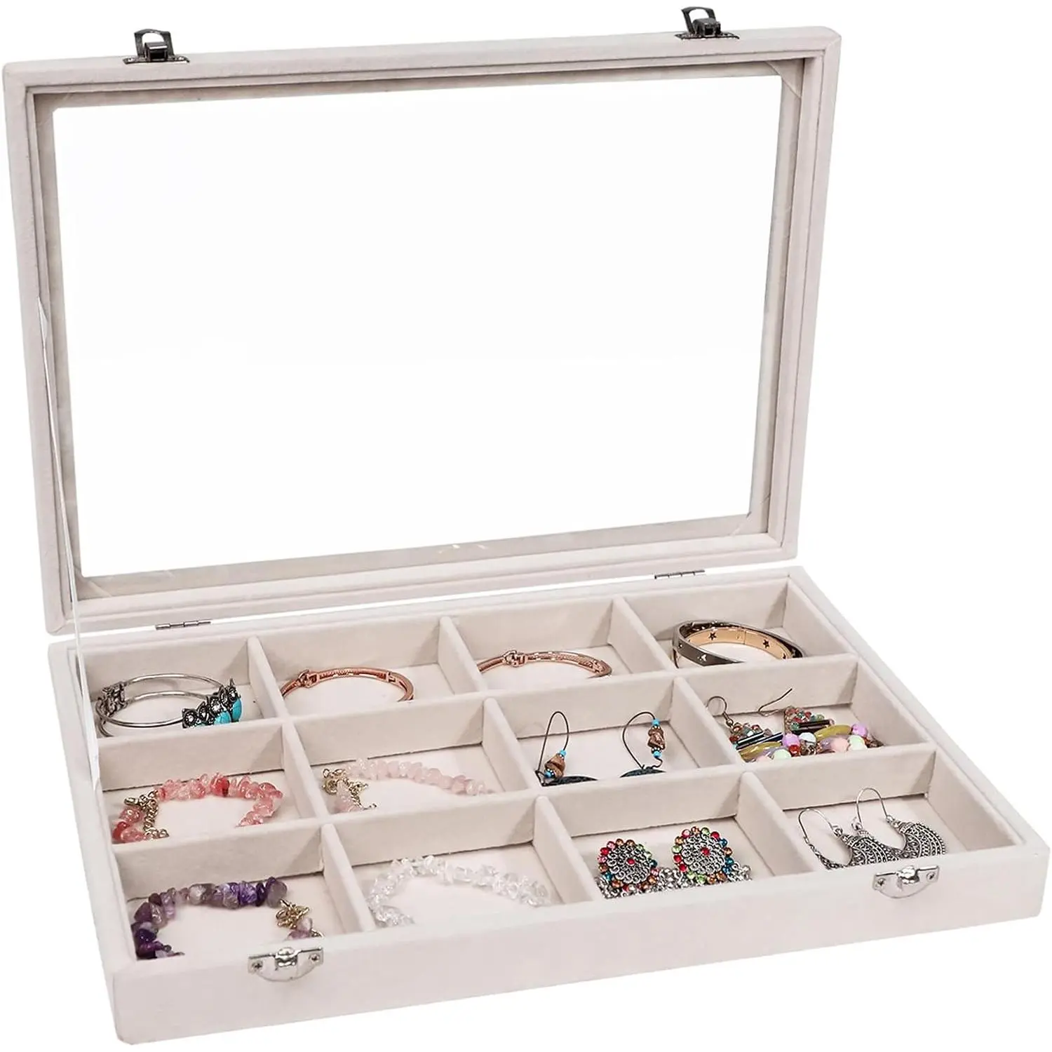 Jewelry Organizer Bracelet Organizer Storage Box 12 Grid Stackable Jewelry Tray with Lid Velvet Jewelry Box for Drawer Necklace Bracelet Display Storage Organizer Box (Beige)