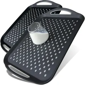 Large Nonslip Serving Tray with Handles, Silicone Grippy Dots Lap Food Trays for Eating, Dishwasher Safe for Breakfast Dinner Snack Fruit Appetizers Beverage, Rectangular, Set of 2, Black