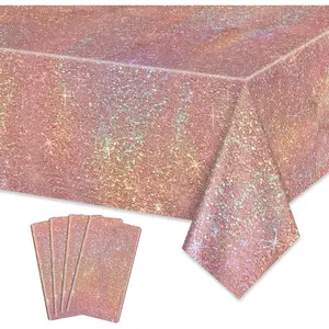 4 Pack Pink Rose Gold Iridescent Tablecloths, Rose Gold Glitter Sequin Printed Table Covers for Girls and Women's Birthday Bridal Shower Wedding Party Supplies, 51 x 86 inches