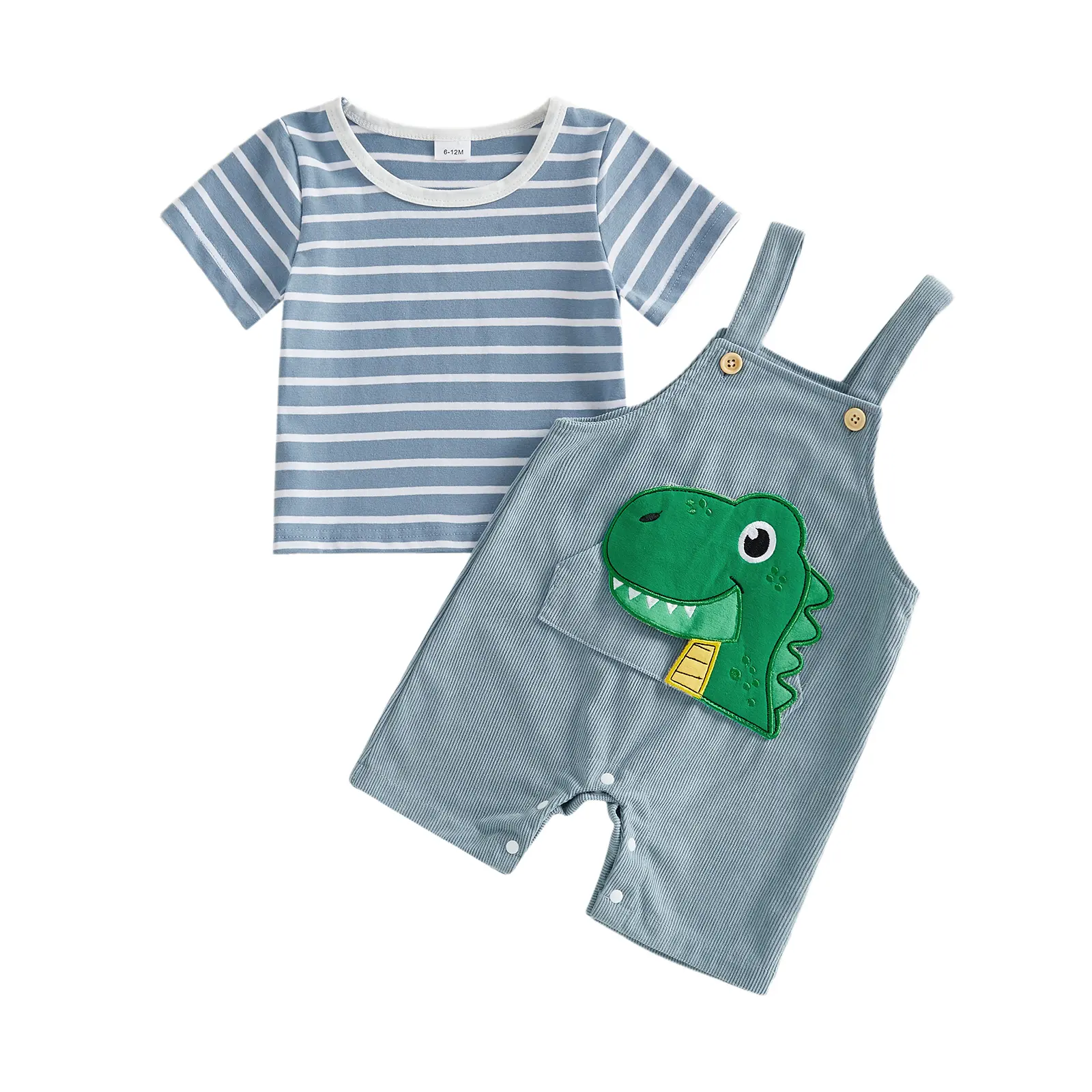 Infant Baby Boy Summer Outfit Casual Loose Fit Striped Crew Neck Short Sleeve Tops and Dinosaur  Embroidery Romper Overalls 2 Pcs Set Summer Clothes