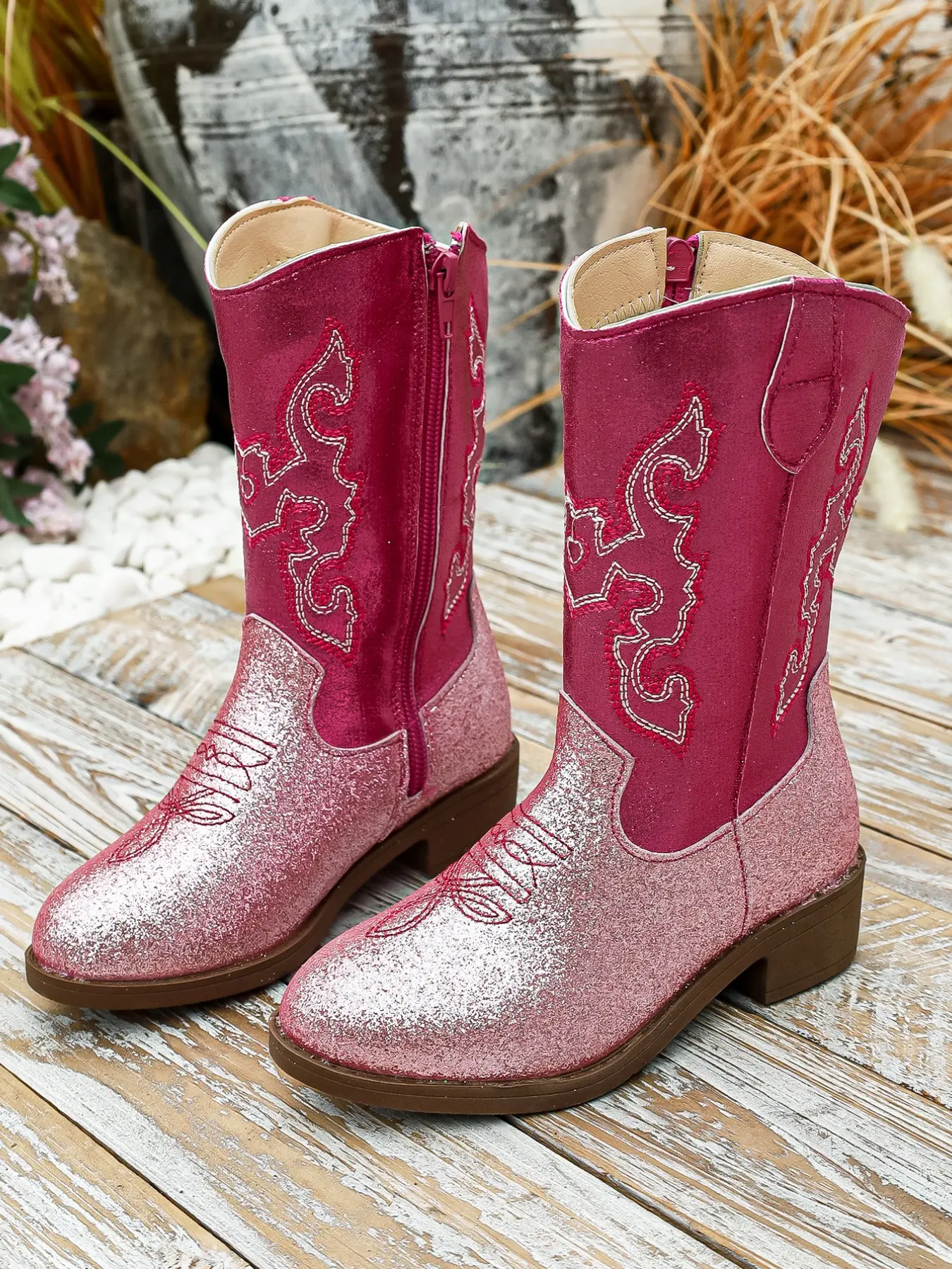 Girls' Glitter Western Cowboy Boots, Cowgirl Boots, Embroidered Colorblock Mid-Calf Boots, Side Zipper Vintage Princess Stage Performance Boots