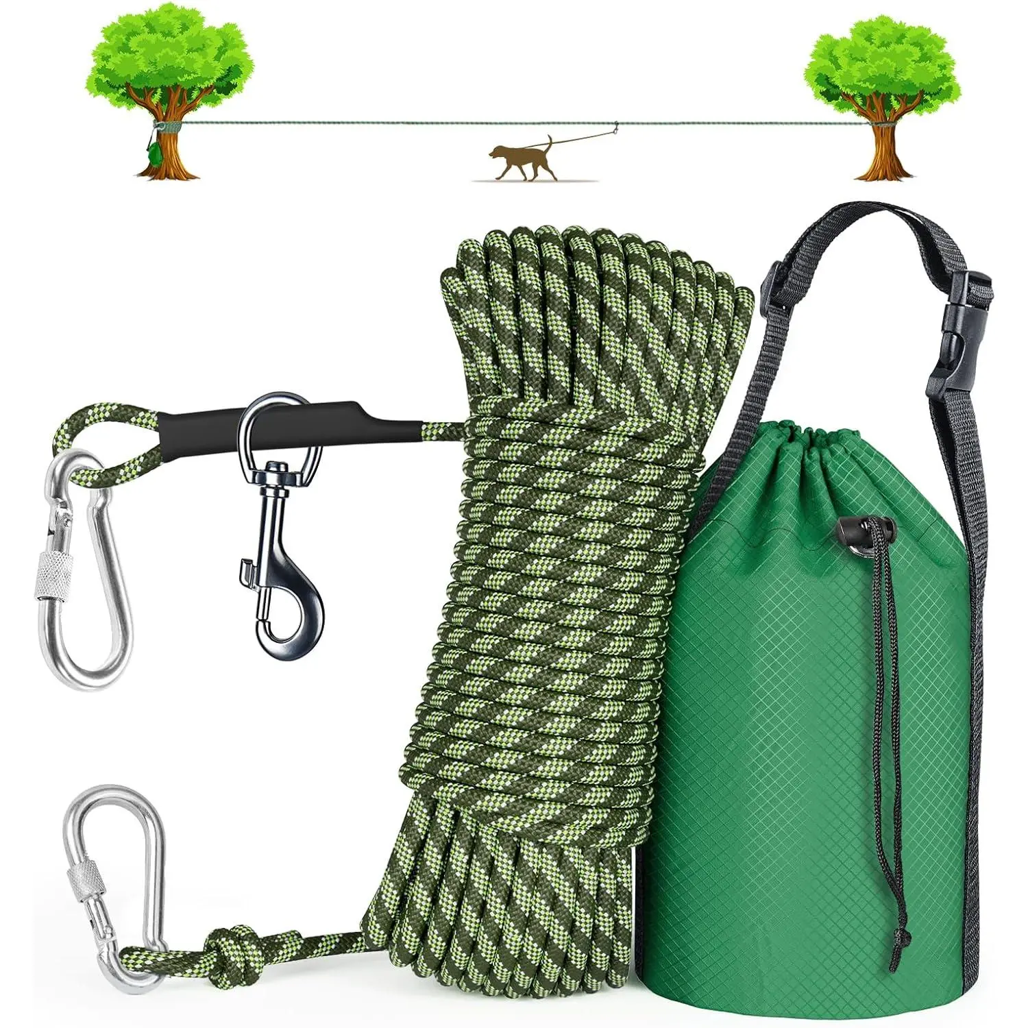 Camping Leash, 50ft/75ft/100ft Trolley System for Dogs up to 300lbs, Portable Lightweight Runner Lead for Yard, Reflective  Tie Out  for Camping, Courtyard, Park, Outside