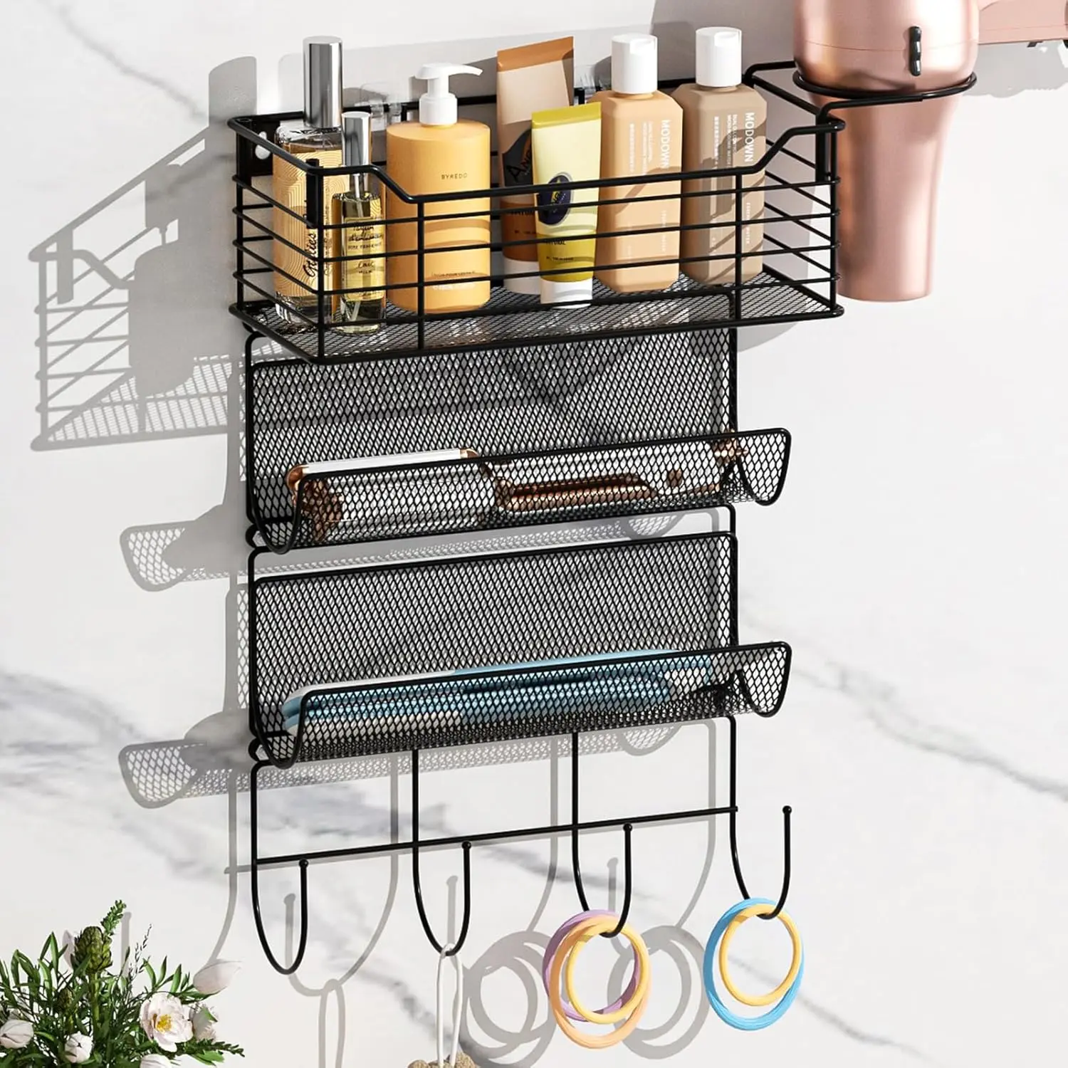 Metal Hair Tool Organizer Wall Mount, Hair Dryer Holder with 3 Tier Shelf Basket Hooks, Bathroom Hair Styling Tool Organizer for Curling Iron/Blow Dryer/Straightener, Matte Black
