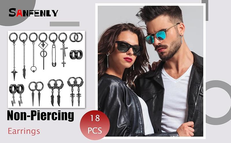 Sanfenly 18Pcs Dangle Clip On Earrings for Men Fake Earrings Stainless Steel Cross Sword Feather Lightning Hinged Hoop Non-Piercing Earrings Set Black Silver Tone Sanfenly 18Pcs Dangle Clip On Earrings for Men Fake Earrings Stainless Steel Cross Sword Feather Lightning Hinged Hoop Non-Piercing Earrings Set Black Silver Tone