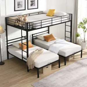 ARCH Full Over Twin Over Twin Triple Bunk Bed with Vertical Ladder, Metal Frame Bunk Bed with Safety Rail, Space-Saving Triple Sleeper for Kids Teens, Heavy Duty Steel Bed Frame for Bedroom Dormitory, No Box Spring Needed, Bedroom Furniture for