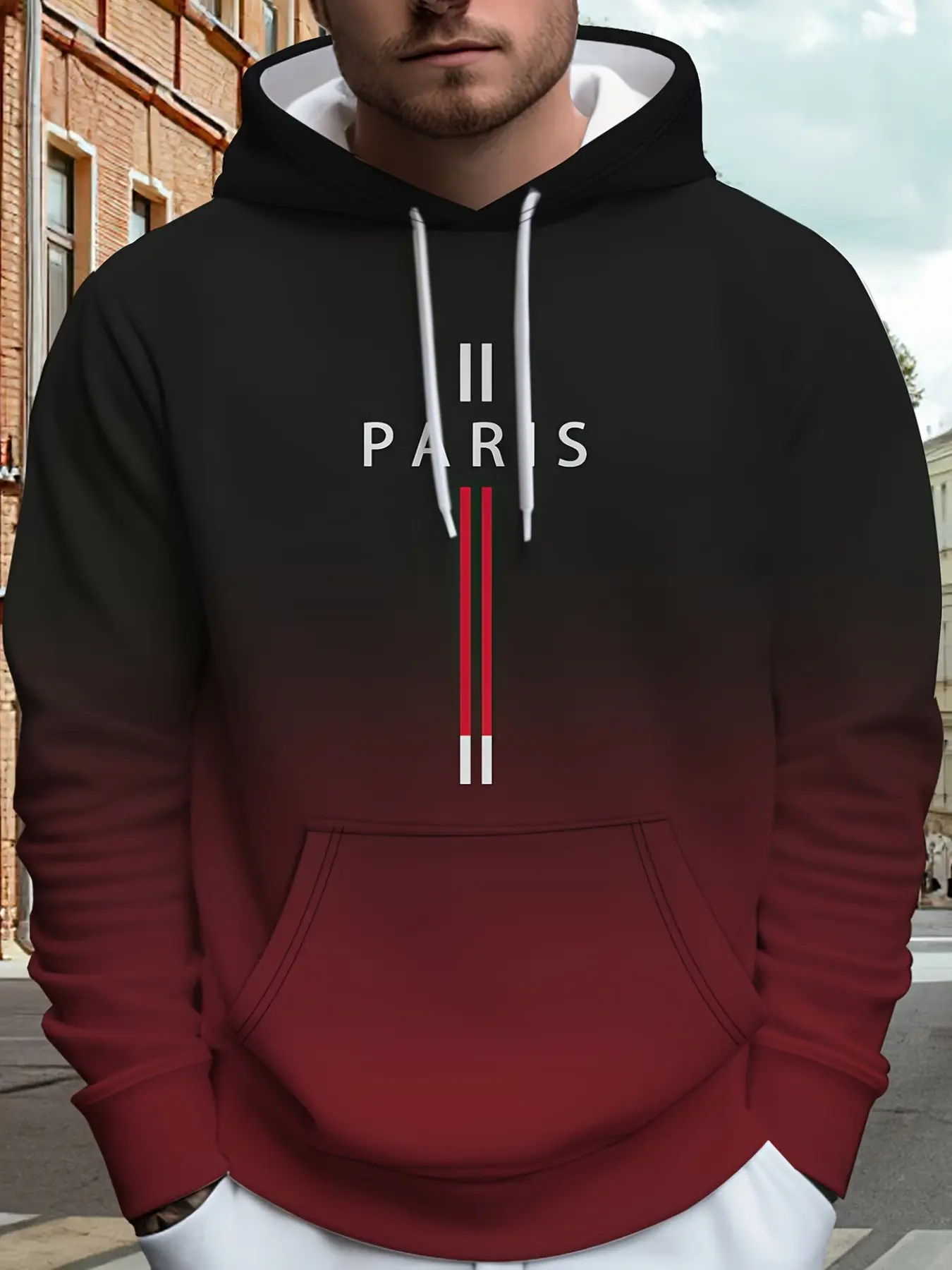 Gradient Paris Theme Hooded Sweatshirt, Unisex Loose Fit Casual Pullover, Long Sleeve Graphic Design, Fall & Winter Fashion