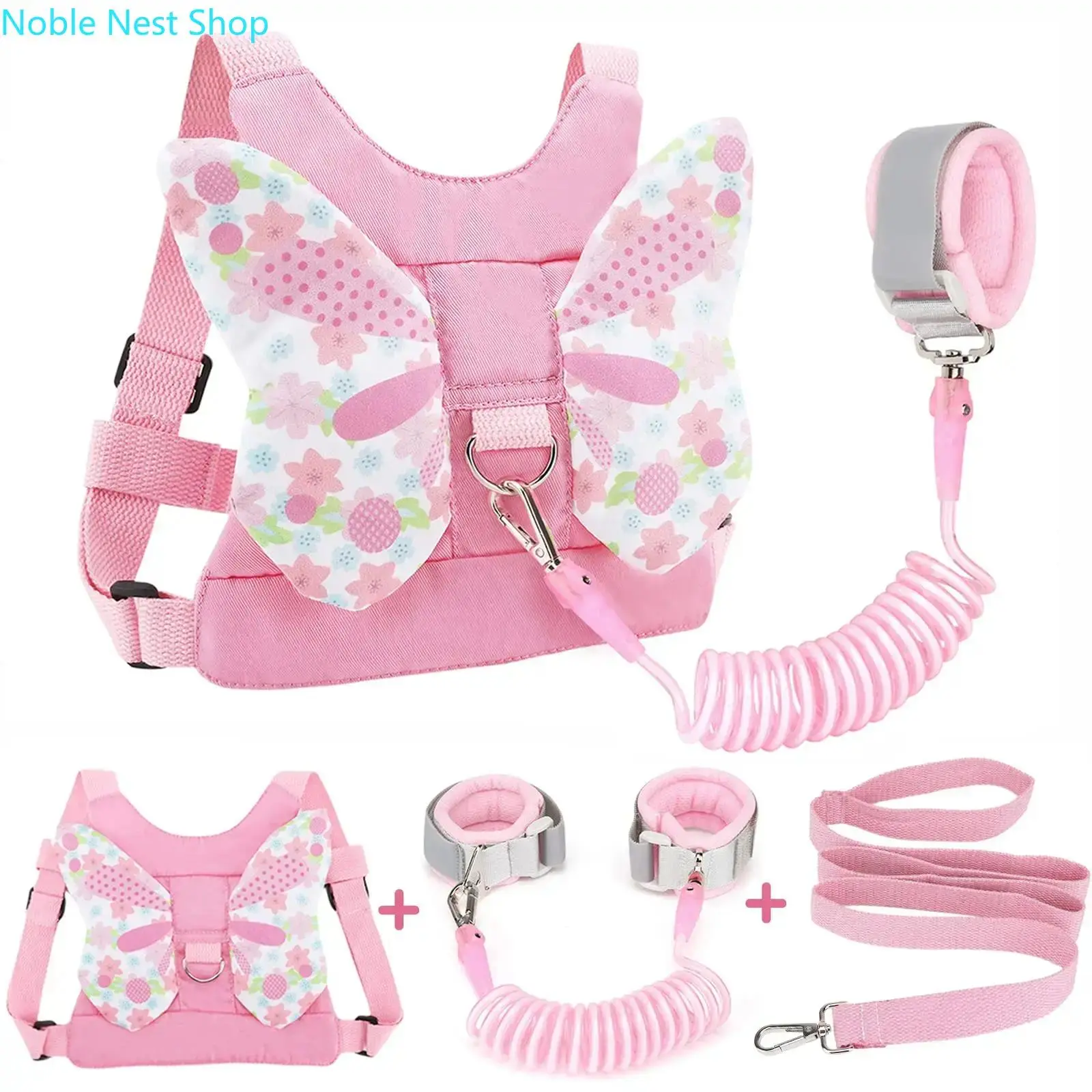 3 in 1 Toddler Harness Leash with Wrist Link, Soft Comfortable Pink Floral Bow Kids Safety Harness for Girls