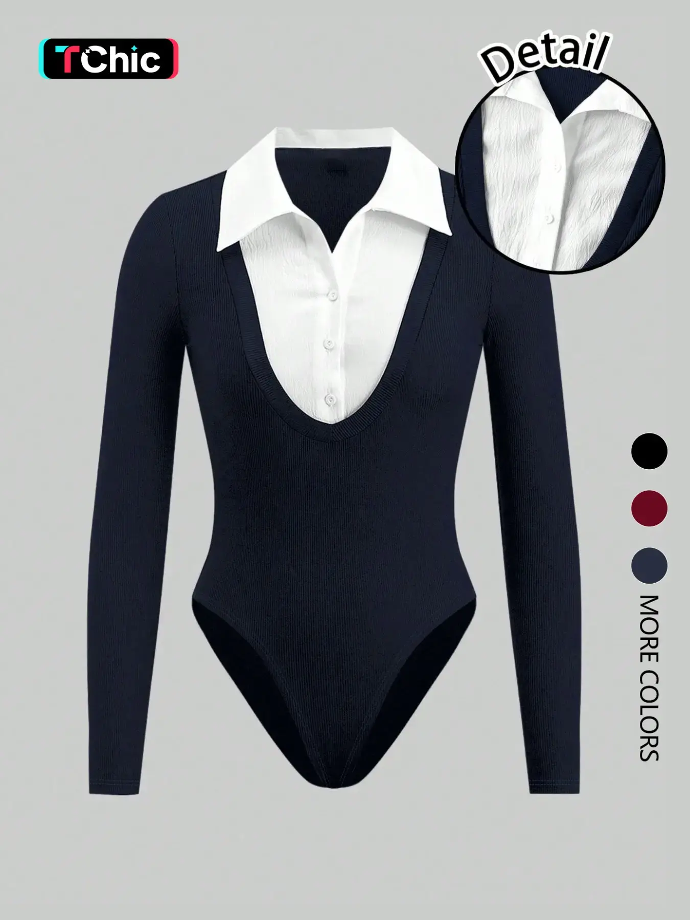 Women's Fashion Button-Up Collar Long Sleeve Slim Jumpsuit Bodysuit, Stylish Aesthetic Outfit for Casual and Formal Wear Womenswear, Fitted Casual Bodysuit, Knitted Bodysuits