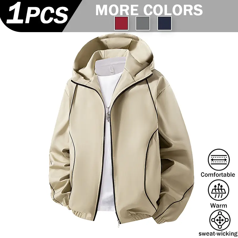 Fashion Men Lightweight Hooded Windbreaker Jacket, Stylish Contrast Curved Piping Design, Relaxed Loose Fit, Minimalist All-Match Windproof Outer Coat Perfect For Spring Autumn Street Looks