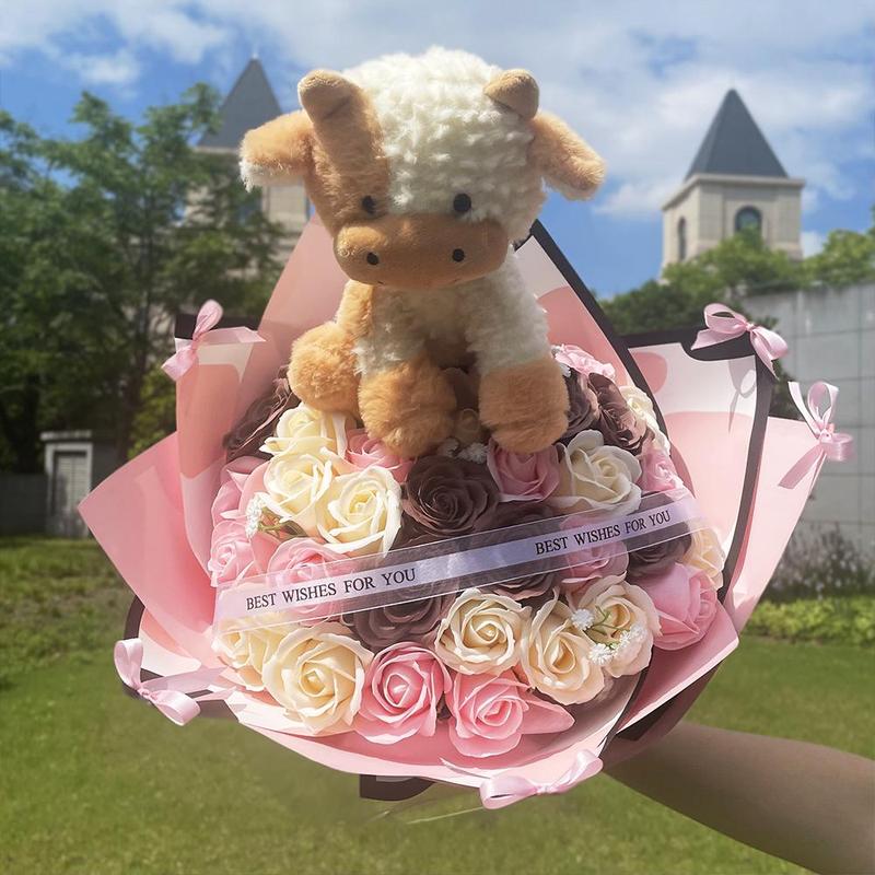 34 DIY Rose Artificial Flowers Cow Plush Doll Bouquet, Unique Handmade Gift for Special Occasions, Beautiful Decorative Floral Arrangement, Flower Arrangements