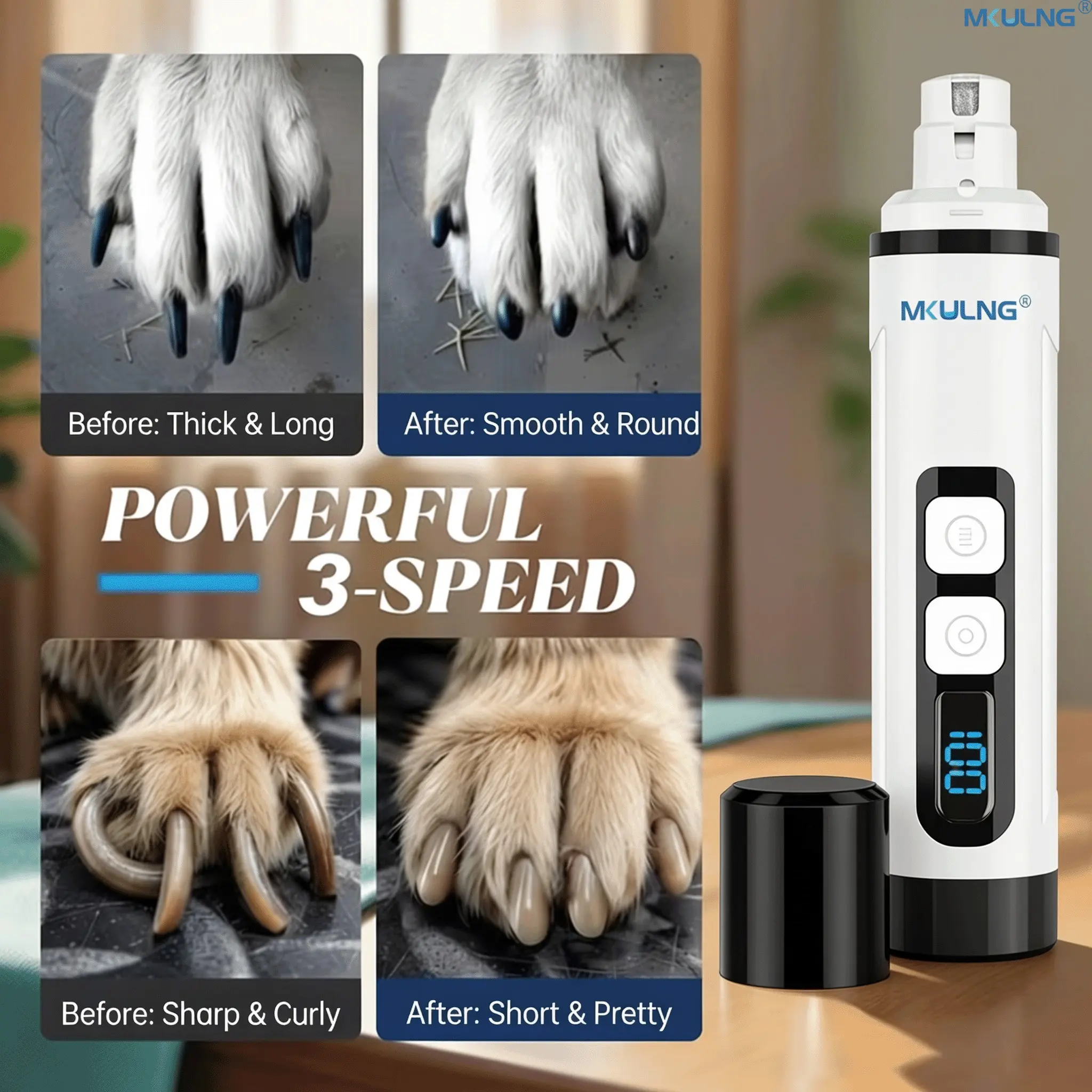 Pet Nail Grinder with LED Light and LCD Display, 3-Speed Silent Diamond Drill, 1200mah USB-C Rechargeable, Suitable for Dogs and Cats