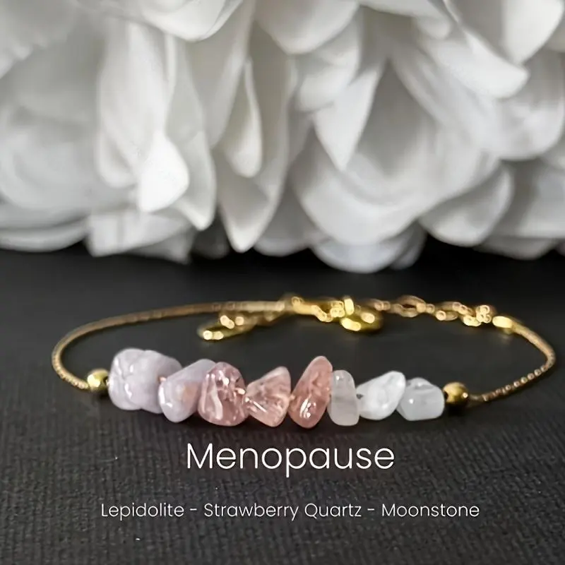Non-Natural Minimalist Lepidolite-Strawberry Quartz-Moonstone Bracelet, Women's Skin-Safe Metal Raw Shapes Natural Stones Adjustable Fit Calming Menopause Handmade Charm Jewelry Gift for Her, Gift-Ready, Female, 7Cm
