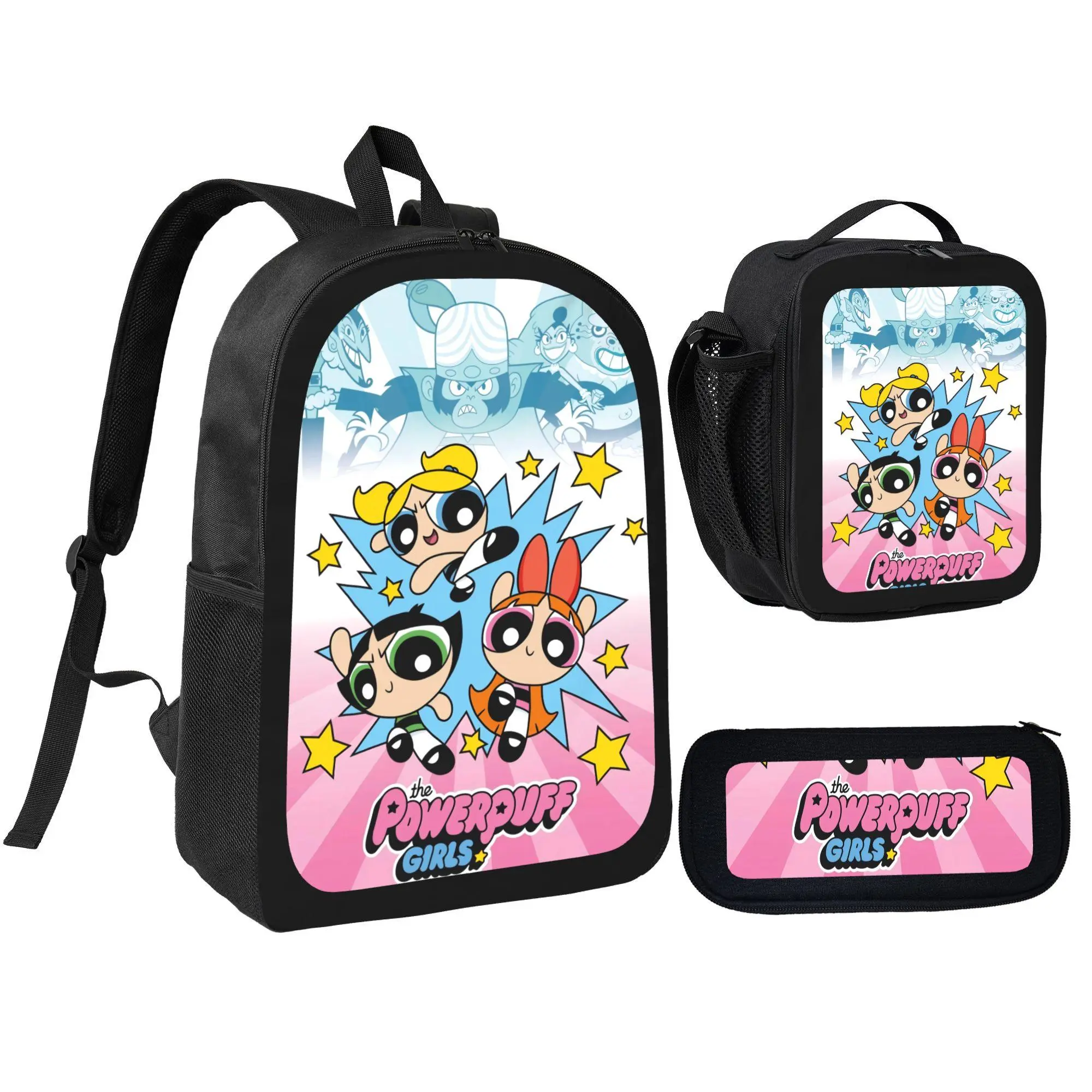 Anime Style 3-Piece Backpack Combo Set - Pink & Black Cartoon Character Print School Bag for Anime Fans, Suitable for Daily School Routine, Back To School Haul