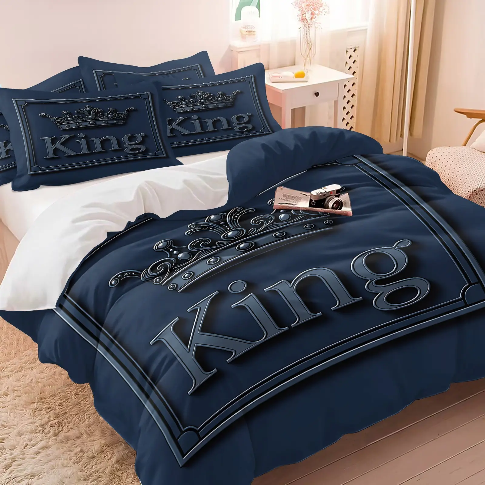 2/3pcs Blue King Crown Print Duvet Cover Set, 1 Duvet Cover & 1/2 Pillowcases No Filling, Luxury Stylish Rooms Bedroom Hotel Bedding Set, Soft Microfiber for Men Adult Bedroom Home Decor, Washable Bed Linens