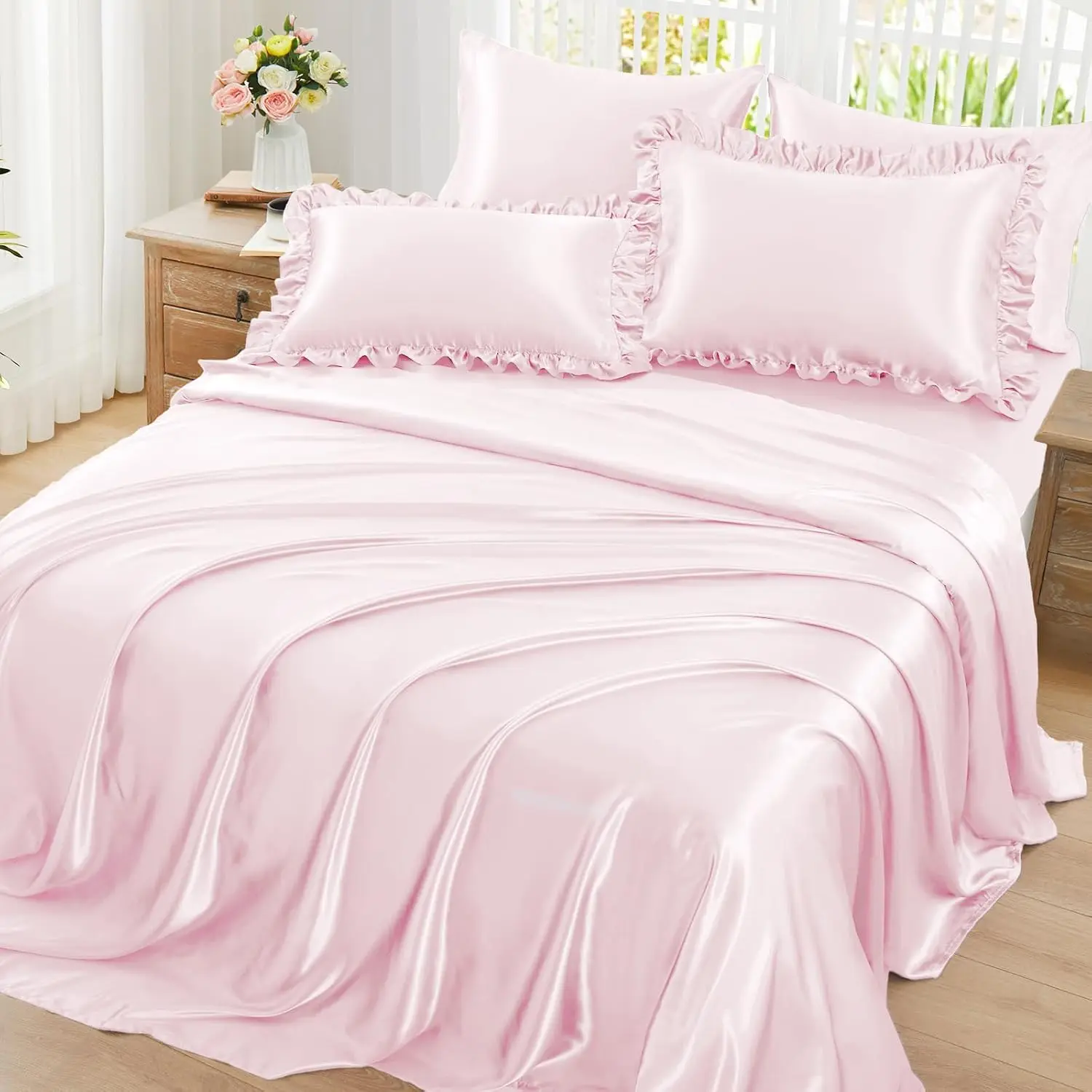 Ruffled Sheets Full Size 6pc Set, Blush Pink Silk-Like