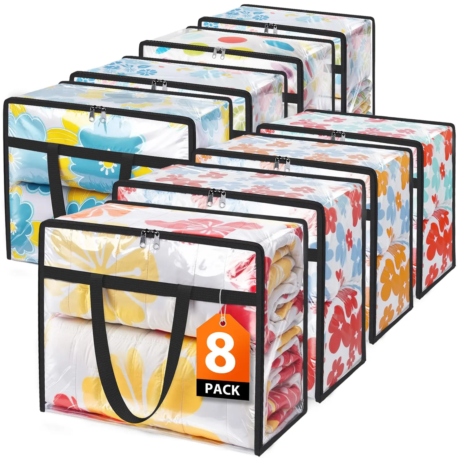 8pcs transparent clothing storage bags, wardrobe organizing bags and under-bed storage boxes, foldable moving bags, with zippers, suitable for storing quilts, blankets, bedding, down quilts, PVC material, capacity 60 liters, wardrobe organization,