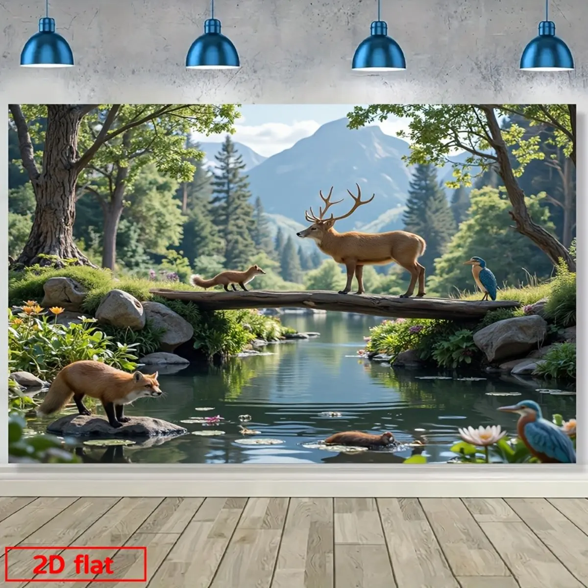 1pc 2D Flat Wall Tapestry Panel - Back to Nature Tapestries, Room Art, Artwork Panel, Serene Forest Scene with Deer, Foxes, Kingfishers, Otter by Tranquil Stream, Lush Green Trees & Mountains, for Living Room Decor