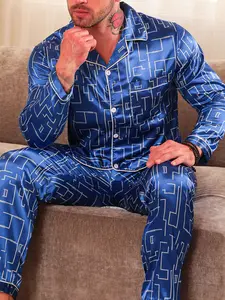 Men's Comfortable Casual Long Sleeve Pajamas, Maze Print Pattern, Fashion Nightwear, All-Season Home Wear, Cozy Sleepwear Set