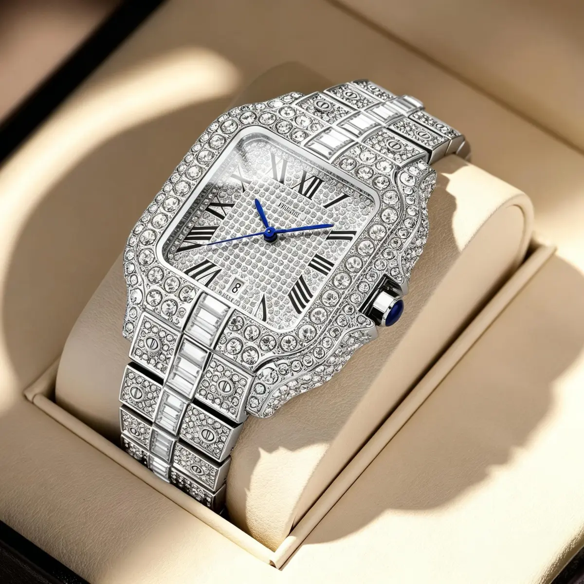 Iced Out Square Diamond Watch for Men Women, Silver Fully Bling Rhinestone Roman Numeral Quartz Wrist Watch with Date, Luxury Hip Hop Jewelry Bracelet Watch Analog Wristwatch Quartz Watches Fashionable Square Dial