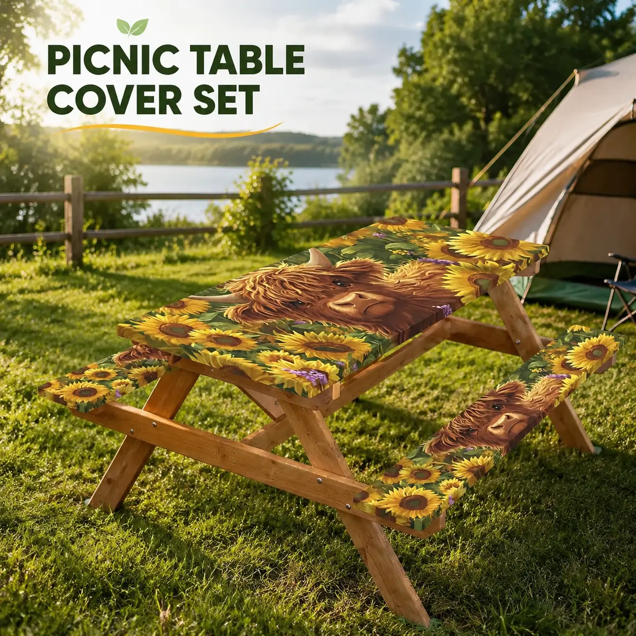 3-Pack Elastic Waterproof Outdoor Furniture Cover Set - 72x30 in Western Highland Cow & Dense Floral Sunflower Print, Durable Picnic Table & Bench Covers for Barbecue, Camping, Farmhouse Patio Garden Decoration