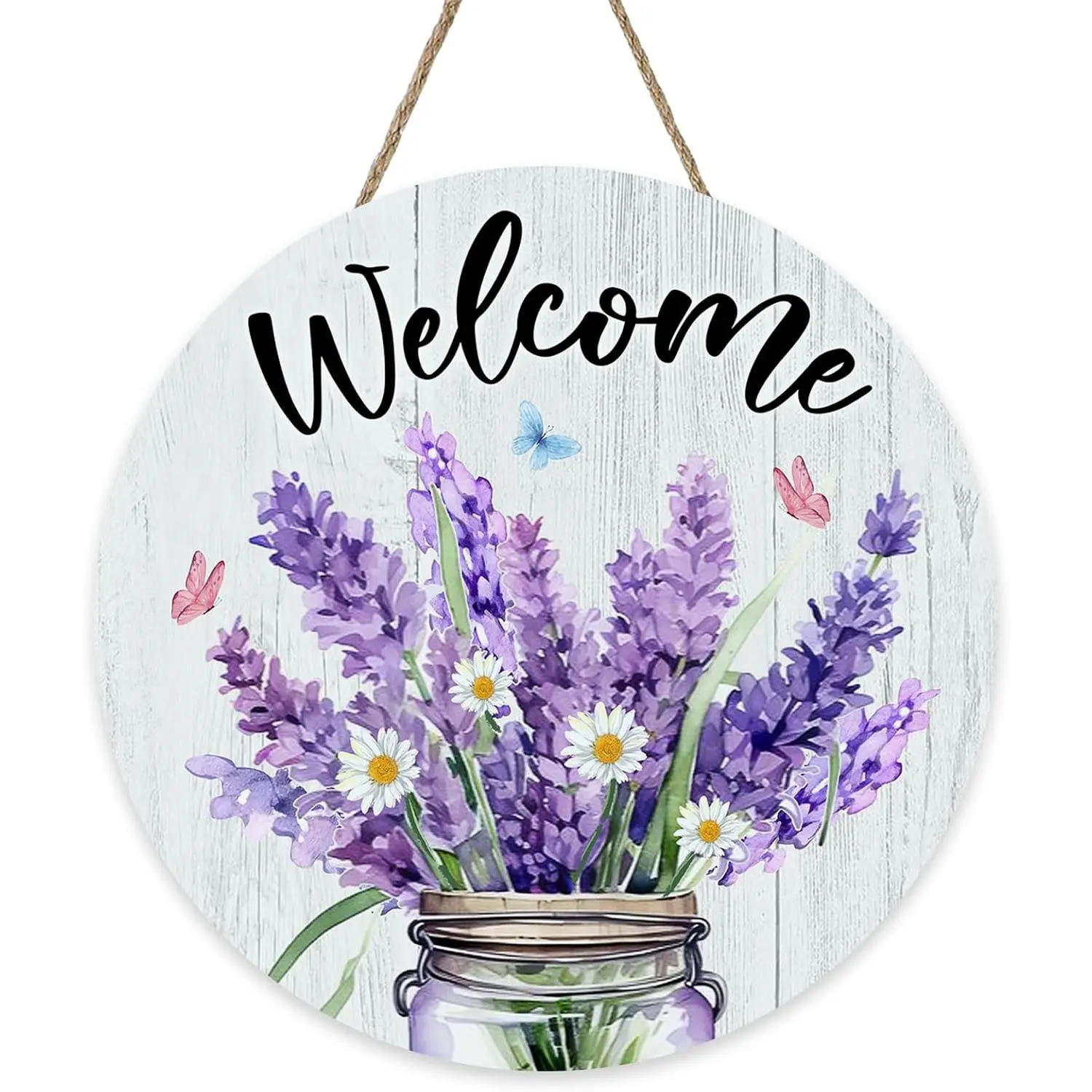 Welcome Spring Summer Lavender Flower Front Door Sign, Daisy Floral Butterfly Jar  Plaque Hanger Outdoor Outside Porch  Decor,  Wooden Wreath Indoor Wall  Decoration