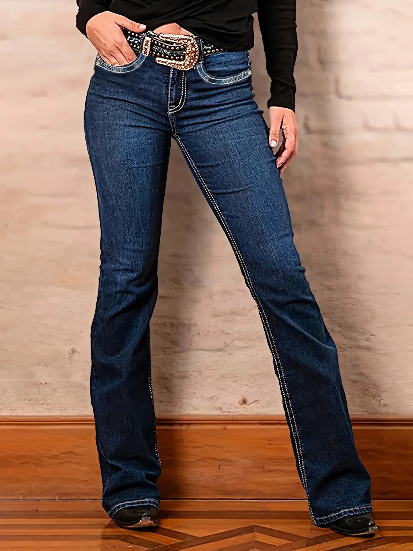 Women's Blue Fitted Jeans, Mid-Waist Flare Style, Stretchy Fabric, Cross Print Pocket, Elegant Design, Perfect for Dates and Parties